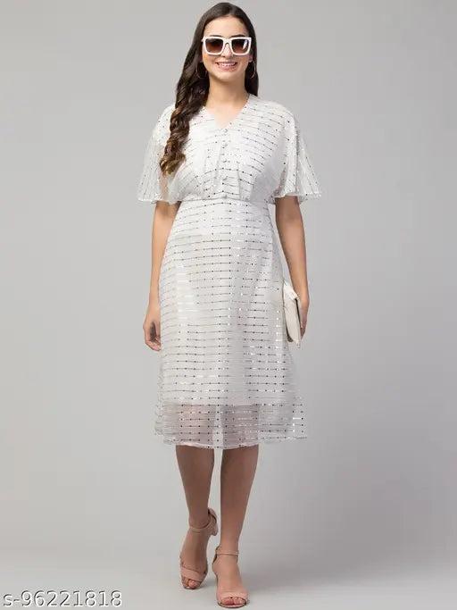 Women Girls Three-Quarter Cape Sleeves Moonlight Flared Midi Dress