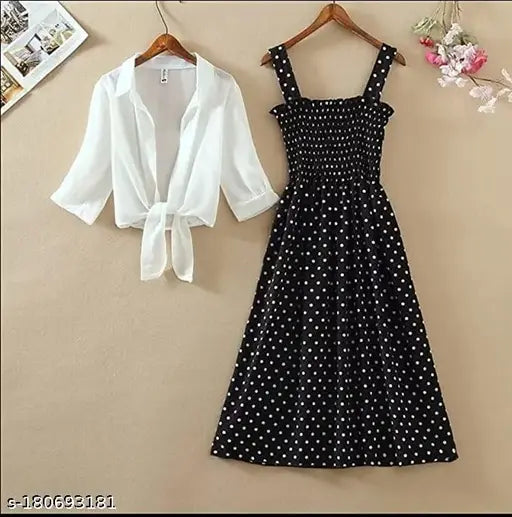 Nature Craft Women Stylish Striped Polka Dot Printed Smoking Dress with White Shirt for Women/Girls