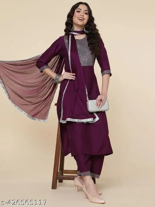 Women's Embroidered Kurta & Palazzo with Dupatta Set