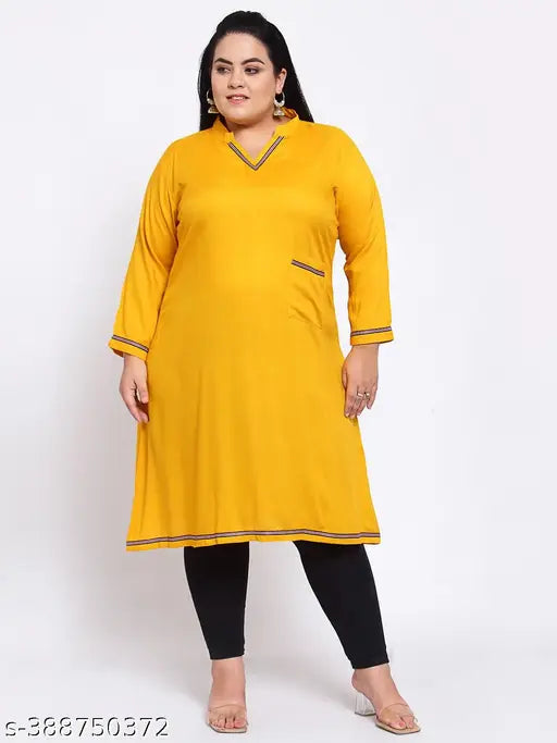 FAZZN Plus Size Yellow Rayon Knee Length Straight V Neck Kurti with Full Sleeves