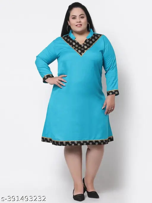 FAZZN Plus Size Customizable Knee-Length V-Neck Rayon Dress in Firozi