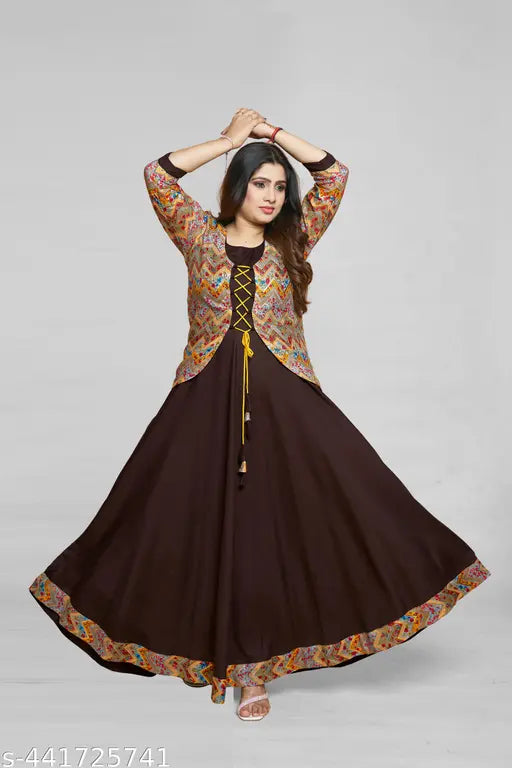 Ashima Designer Brown Color Premium Rayon Kurti With Matching Koti Tussle And Tie Design