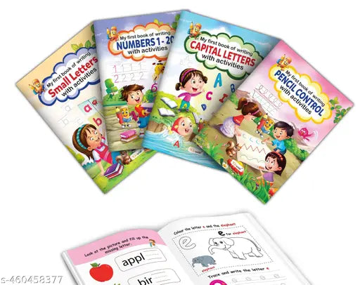 Complete Writing books for Kids with Activities : Writing books for preschool  Educational activity books  Early learning handwriting - Pack of 4 books