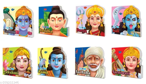 Pack of 8 Die cut board book for kids : Lakshmi  Saraswati  Vishnu  Rama  Kali  Durga  Sai Baba and Buddha - I love series 