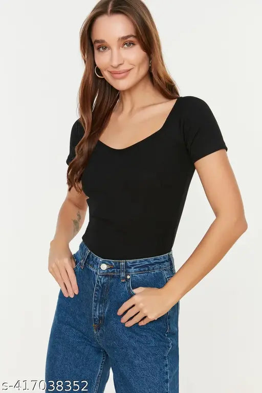 Redamancii Heart Neckline Short Sleeve Casual Ribbed Top for  Girls and Women