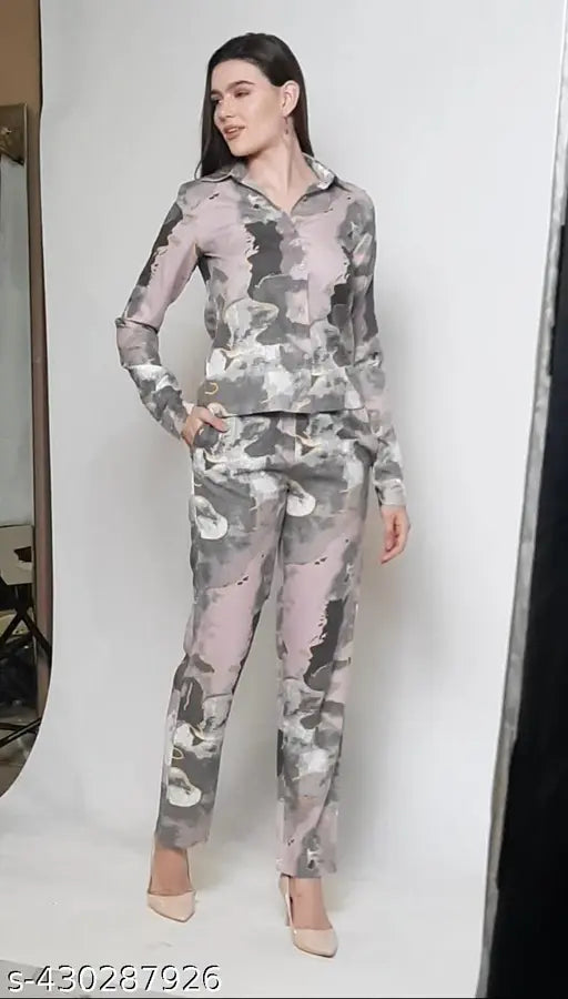 Avyola Women Stylish Cotton Blend Korean Abstract Printed  Cuffed Full Sleeves  Multicolor Shirt  And  Bottom Co-ord Set  With Front Pockets  For Beach And Summer Occasions Casual And Party Wear