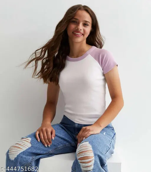 Round Neck Contrast Short Sleeves Casual Top