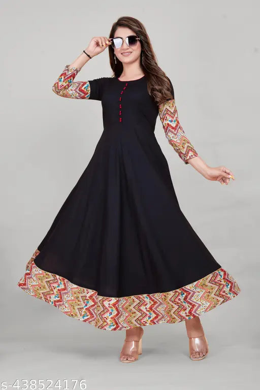 Trendy Black Color Ethnic Solid Printed Round Neck Flared Kurti