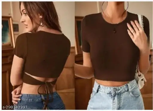 Round Neck Back String Short Sleeve Top