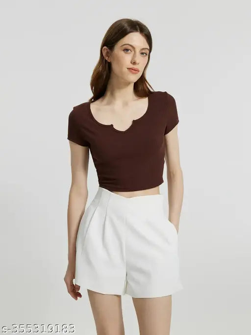 Women Casual Wear V Neck V Cut Half Sleeve Crop Cotton Blend Ribbed Top