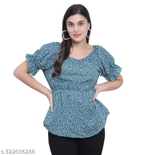 Nature Craft Light Blue Poly Crepe Floral Printed  Women Top