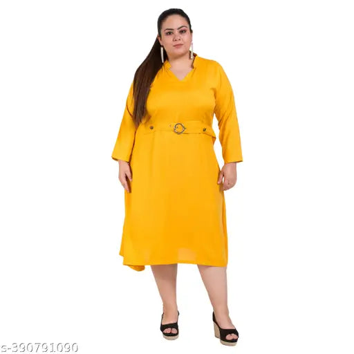 FAZZN Plus Size Yellow Rayon Knee Length V Neck Full Sleeves Dress with Customization