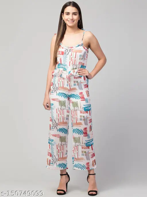 Women Girls Tie-up Shoulder Straps Printed Georgette Flared Jumpsuit