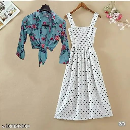 Nature Craft Women Stylish and Trendy Polka Smoking Dress with Blue Floral Shrug