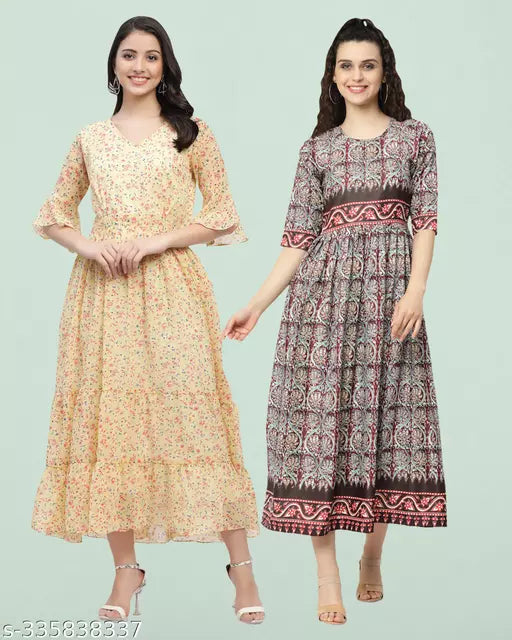 Women's Printed A-line Multicolor Dress{Pack Of 2}