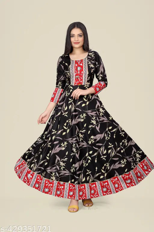 Ashima Designer Black Color Floral Print Rayon Anarkali Lace Work Gown