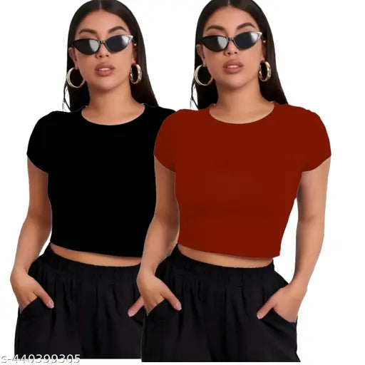 Combo (Pack Of 2 ) Round Neck Short Sleeve Fashionable Top For Woman
