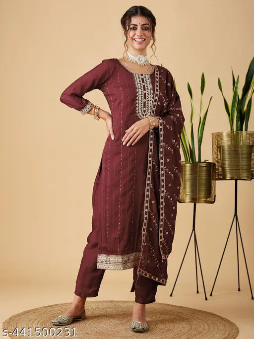 Women's Silk Embroidered Kurta and Pant with Dupatta