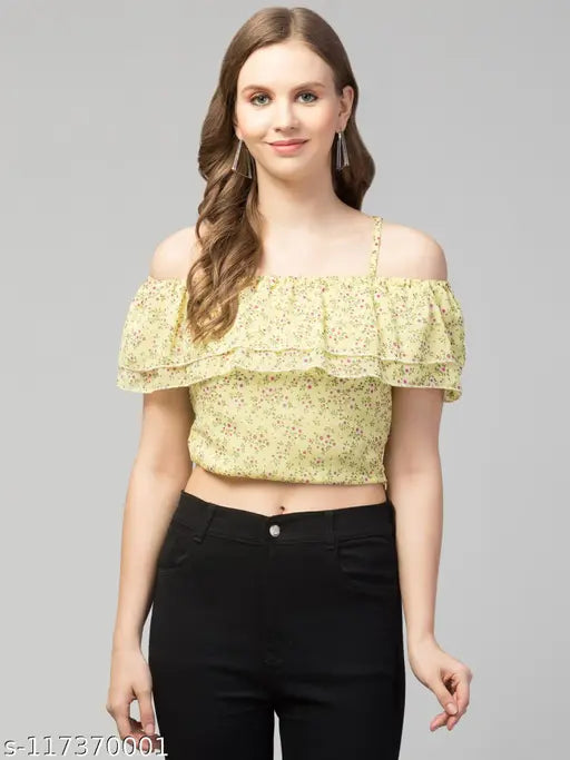 Women Girls Casual Off-Shoulder Floral Frill Top