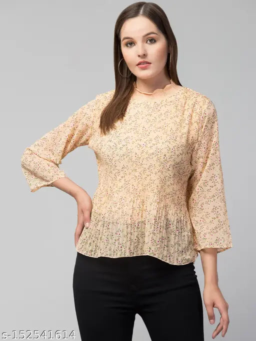 Women Pleated Ribbed Neck Floral Top
