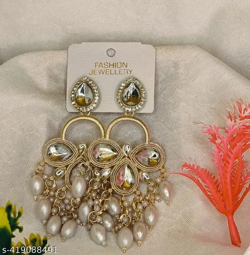FASHION DANGLER WHITE  EARRINGS MINAKARI WORK WITH KUNDAN STONE AND BEADS HANGINGS