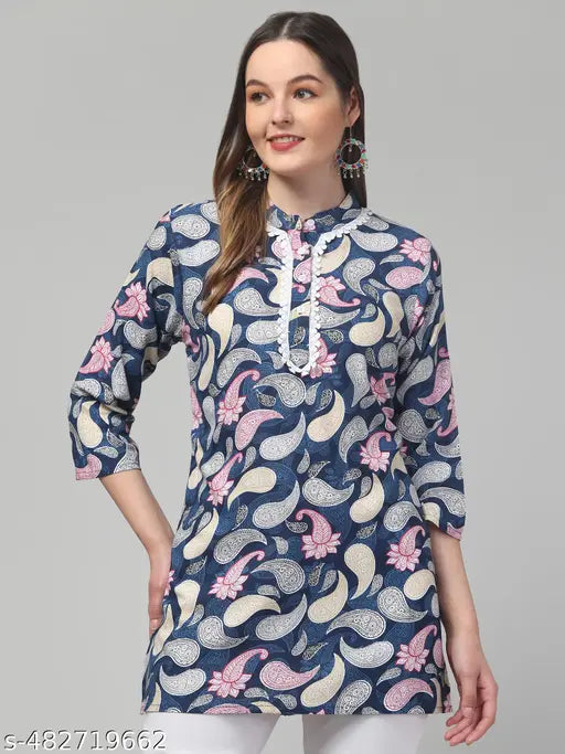 Women printed laces 3/4 sleeve rayon short kurti