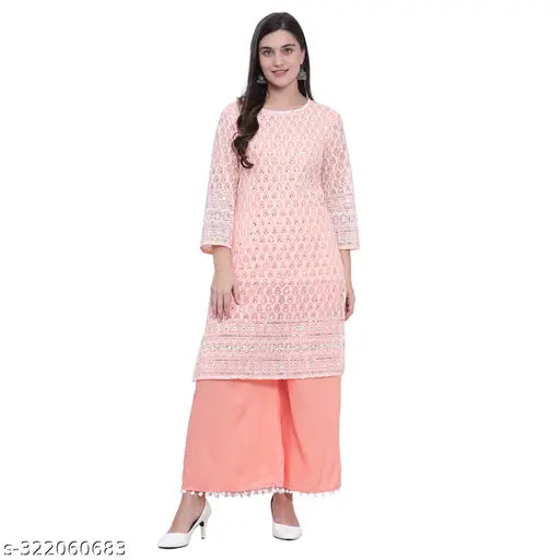 Nature Craft Peach GEORGETTE embroidered  Women Kurti With Palazzo