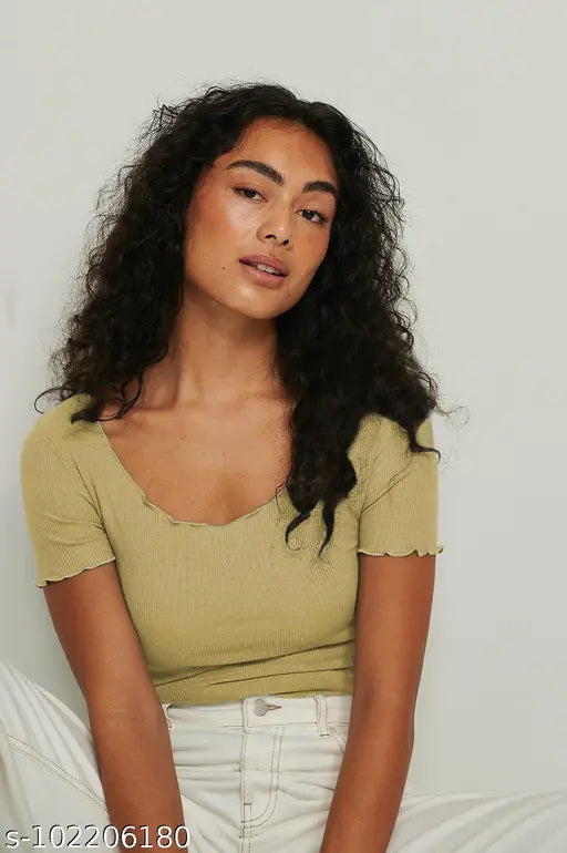 Deep Round Neck Babylock Short Sleeves Ribbed Top