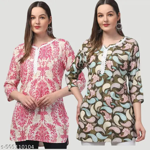 Women printed multicolou rayon embroded short kurti pack of 2