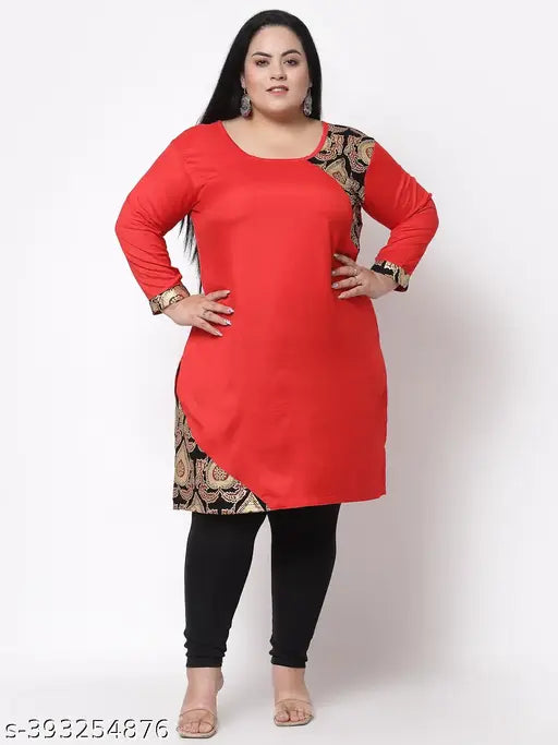 FAZZN Plus-Size Customizable Screen Printed / Foil Print Knee-Length Straight Kurti with Round Neck in Red