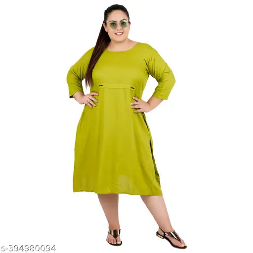 FAZZN Plus Size Green Knee-Length Full Sleeve Rayon Dress with Customization