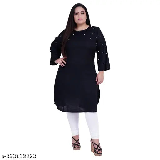 FAZZN Plus Size Customizable Knee Length Black Rayon Kurti with Round Neck and Three Quarter Sleeves