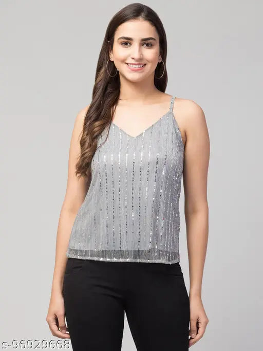 Women Girls Thin Straps Sling Sparkling Spaghetti Tank Top Comfortable Camisole Crop Top