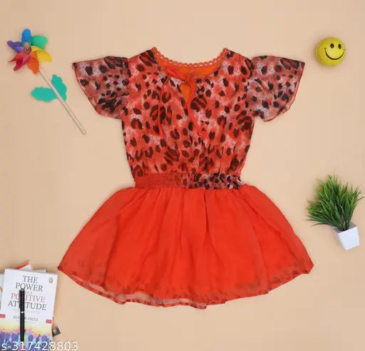Nature Craft Red Georgette Floral Half  Sleeve knee Length Kids Dress