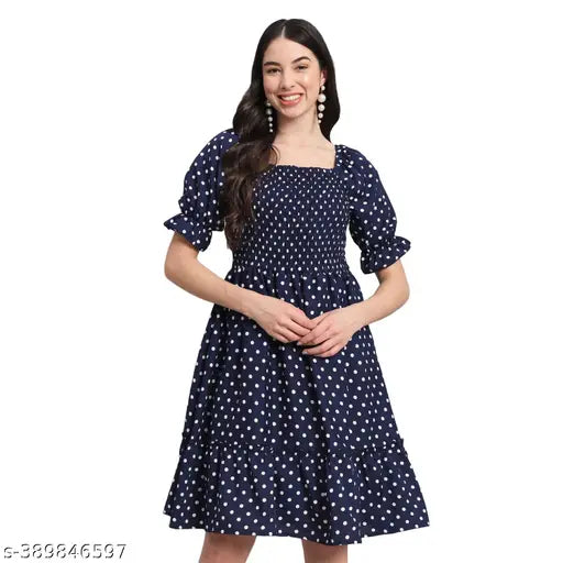 Nature Craft Navy Blue Fancy Polka Dot Crepe Half sleeve Dress