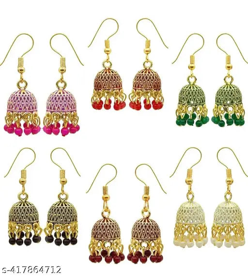 Fresh Vibes Golden Jhumka Earrings Combo for Women (Set of 6) - Small Size Classic Traditional Simple Hanging Jhumke Ear Rings Set