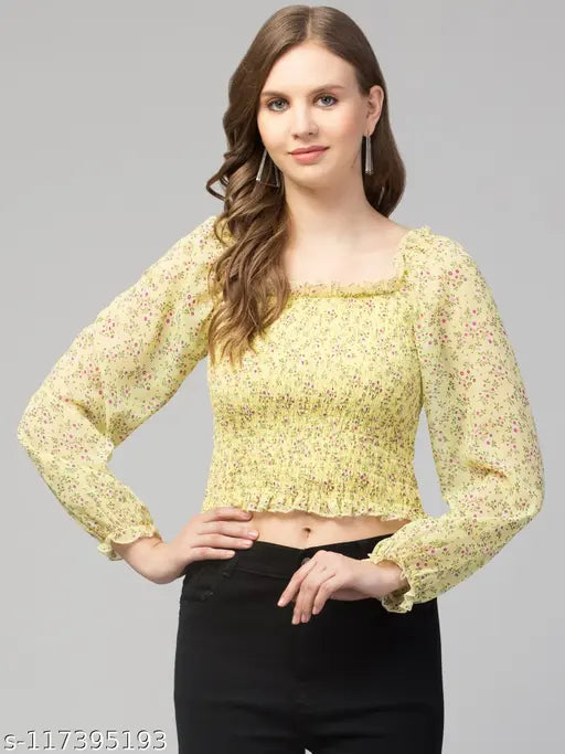Women Girls Puff Sleeves Floral Smocked Top
