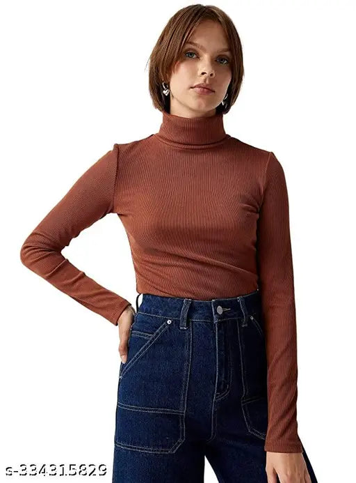 Women Casual Wear High Turtle Neck Full Sleeve Cotton Blend Ribbed Top for women and girls