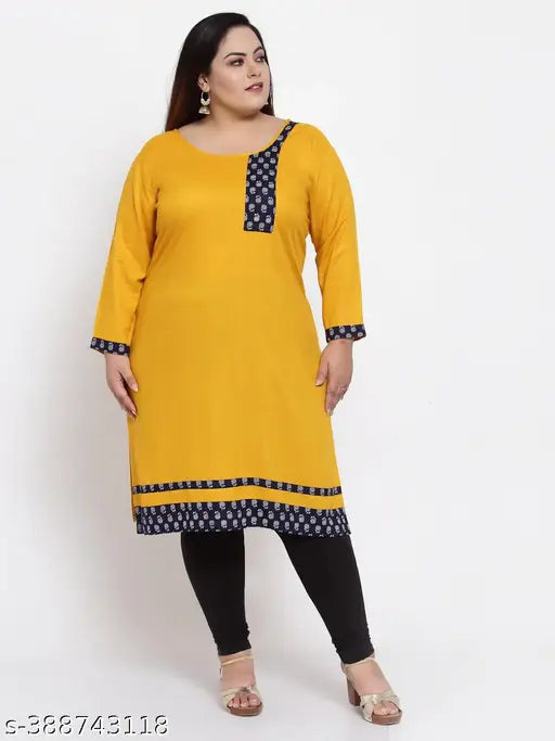 FAZZN Plus Size and Yellow A-Line Knee Length Rayon Kurti with Round Neck and Full Sleeves