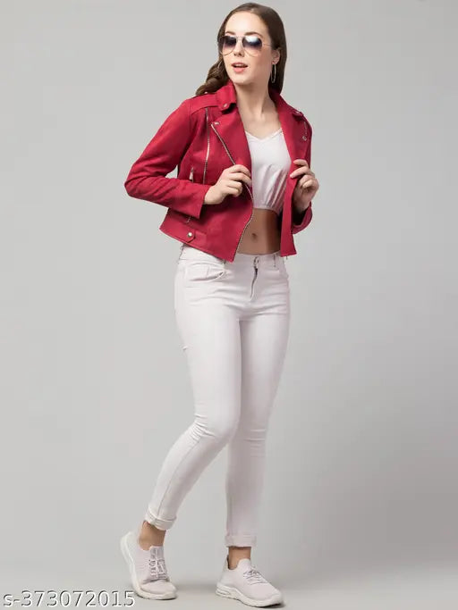 Urban Streetwear Women Classic Winter Suede Zipper Red Jacket
