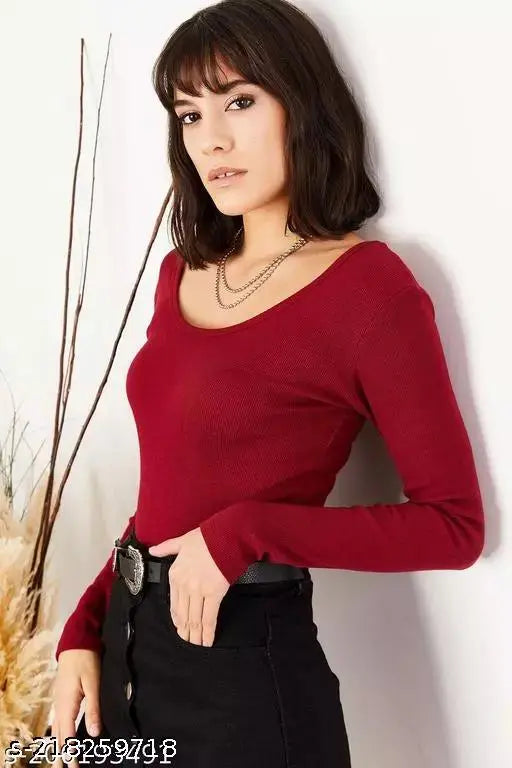 Women Round Scoop Neck Full sleeves Ribbed Top