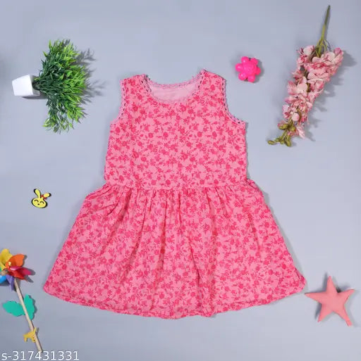Nature Craft Pink  Georgette Floral Sleeveless Round Neck Kids Dress