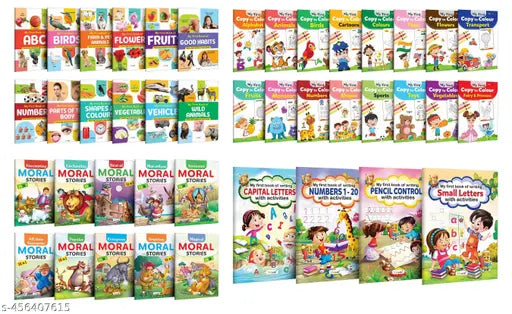 My first all in one Picture book collection  Copy to colour  Moral Stories & Writing Letters with activities : Colouring book for toddlers  Learning story book  Story book for kids - Pack of 42 books