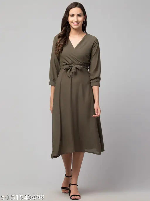 Women Solid Belted Midi Dress