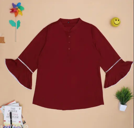 Nature Craft Maroon Rayon Solid3/4 Sleeve Stand Coller Hip Leanth Women Top