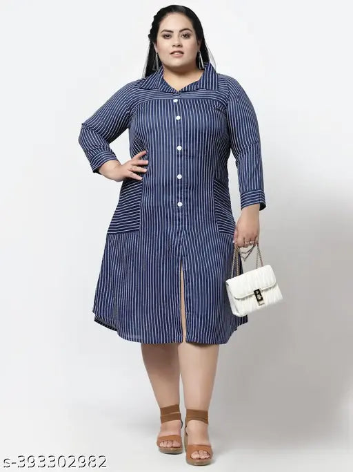 FAZZN Plus Size Blue Striped Rayon Knee Length Collared Dress with Full Sleeves