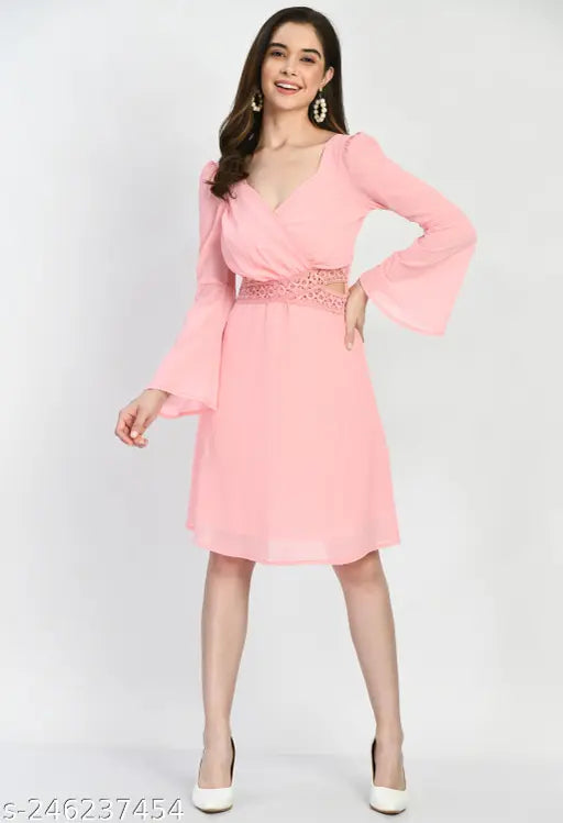 Stylish Solid Chiffon Lace Pink dress & women A Line dress