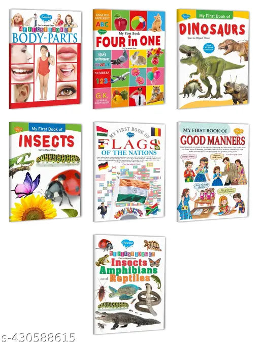 My First Book of Body Parts  Four in One  Dinosaurs  Insects  Flags of the Nations  Good Manners and Amphibians and Reptiles books for kids : Learning books for Kids  Educational books for kids  Children Learning books for kids - Set of 7 books for kids.
