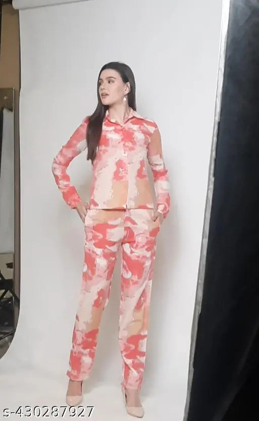 Avyola Women Stylish Cotton Blend Korean Abstract Printed  Cuffed Full Sleeves Shirt  And  Bottom Co-ord Set  With Front Pockets  For Beach And Summer Occasions Casual And Party Wear