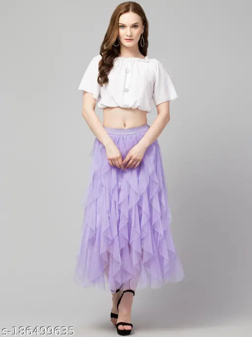 Women Flared Solid Mesh Skirt
